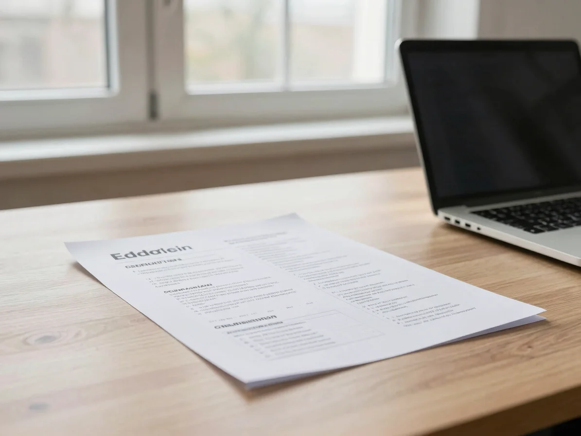 Editorial business photography, soft window daylight, a printed communications plan on a neutral wooden desk beside a la
