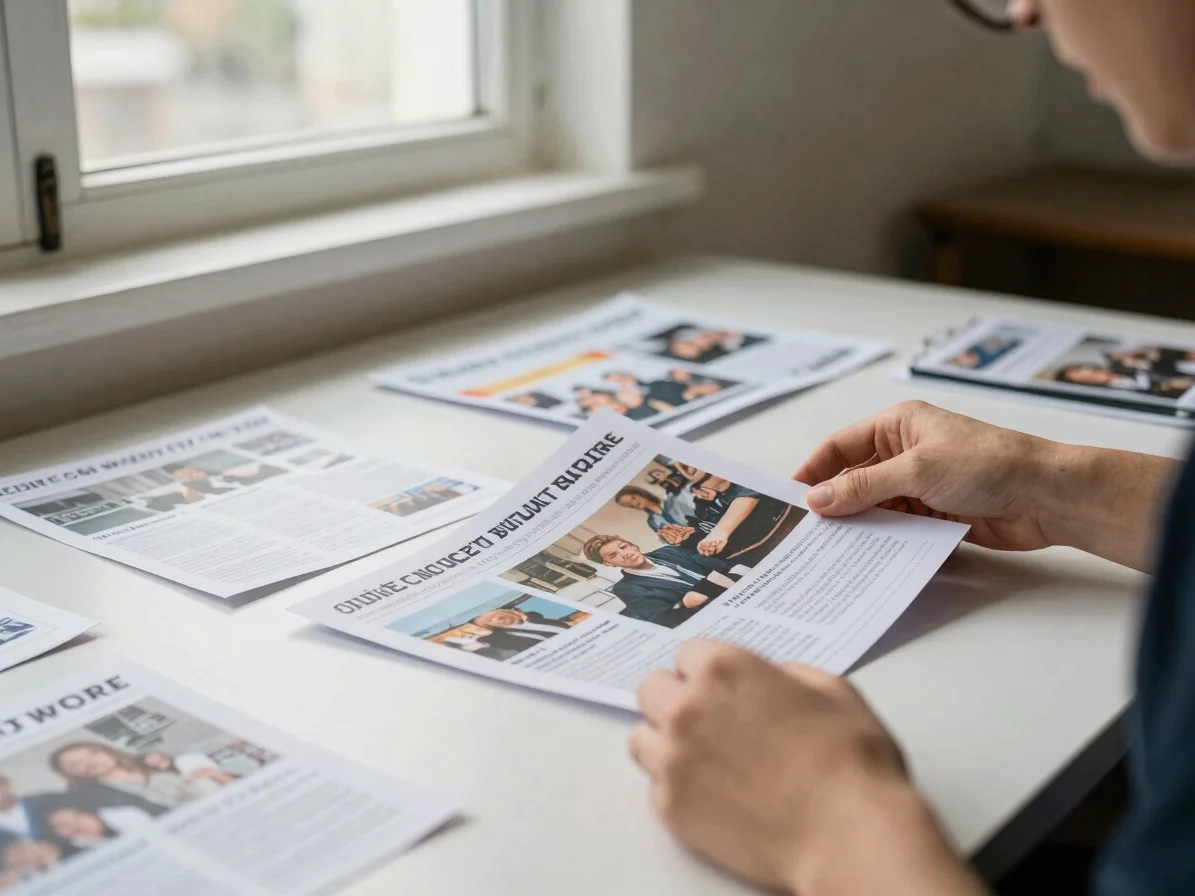 Editorial business photography, soft window daylight, close detail of hands sorting printed campaign notes across a brig