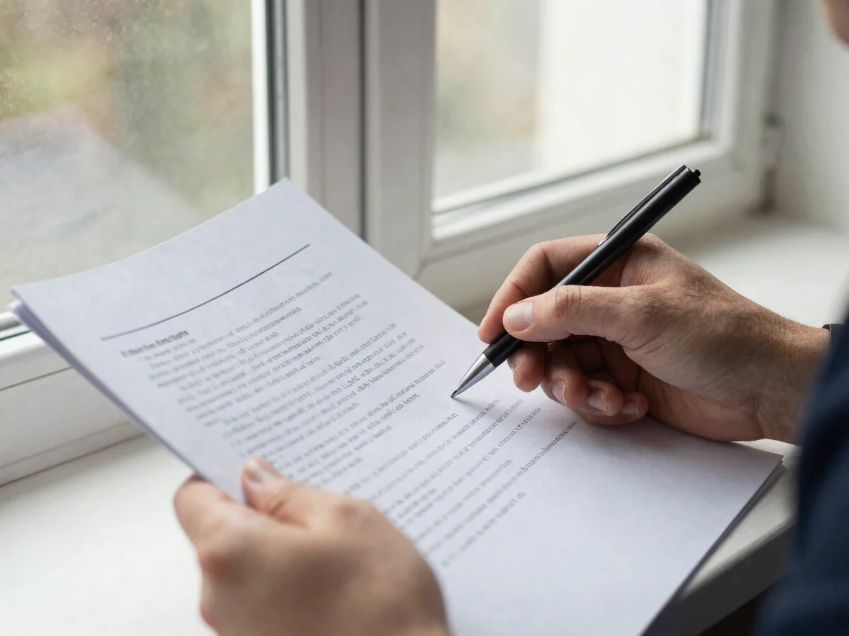 Editorial business photography, soft window daylight, a person reviewing a printed draft with a pen, close detail, natur