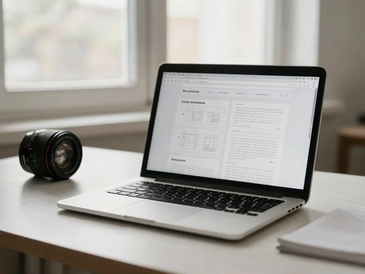 Editorial business photography, soft window daylight, website layout wireframes visible on a laptop screen on a calm des