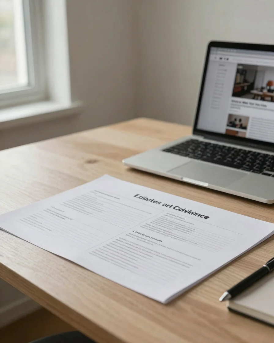 Editorial business photography: a neatly arranged desk with printed communication plans, a laptop showing a website layo