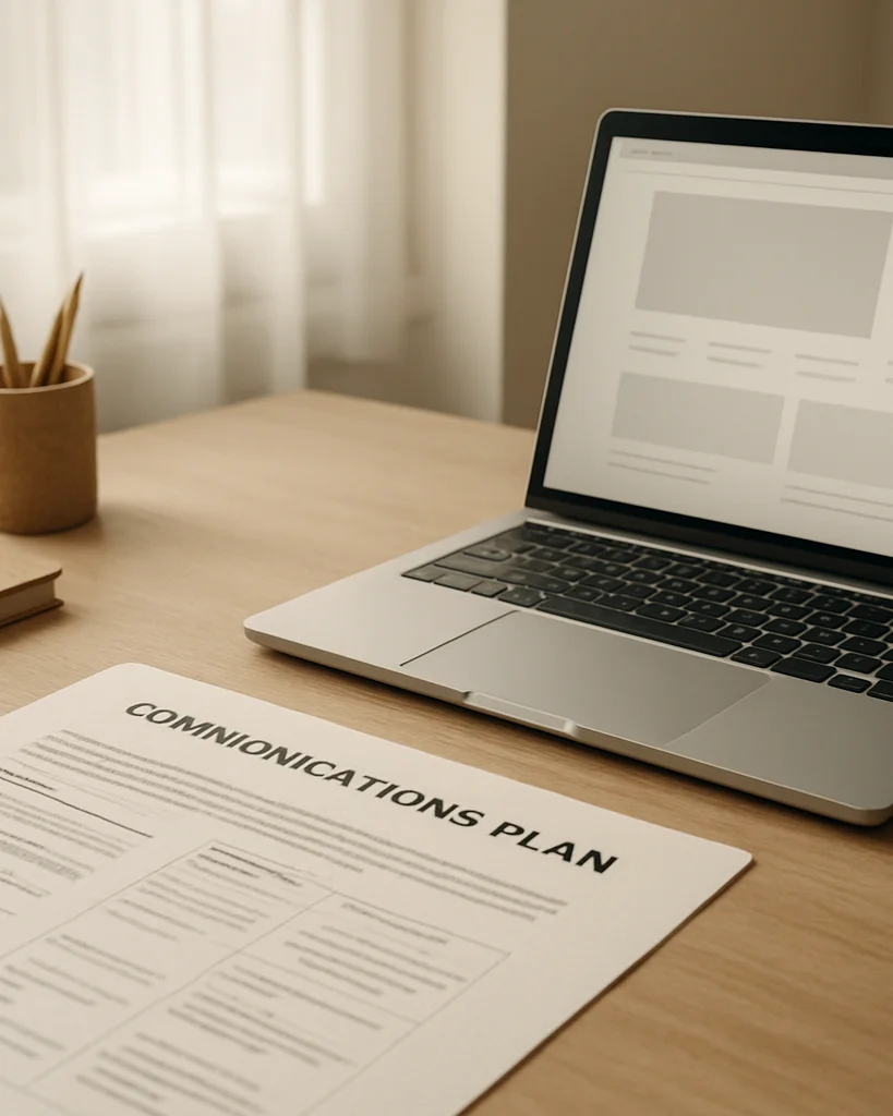 Wide editorial business photograph, soft window daylight across a calm neutral desk, a printed communications plan and a
